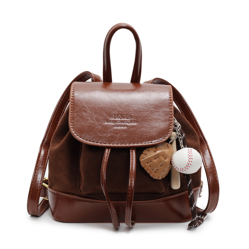 V888-ELOSUNG13793-212915-00 Light Brown Vintage Suede Women's Mini Backpack - New Fashionable Travel Book Bag with Decorative Charm - Image 1