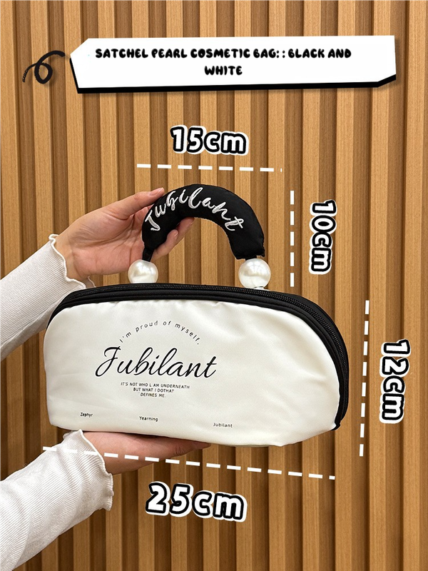 V888-ELOSUNG13802-212802-00 White Patchwork Black Portable Waterproof Color Block Makeup Bag with Pearl Handle, Large Capacity Cosmetic Storage Organizer for Travel and Daily Use - Image 1