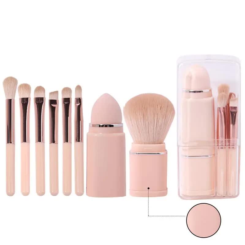 V888-ELOSUNG13804-212809-00 Pink 8-in-1 Retractable Mini Makeup Brush Set with Protective Cover - Compact Design for Travel and On-the-Go Touchups - Image 1