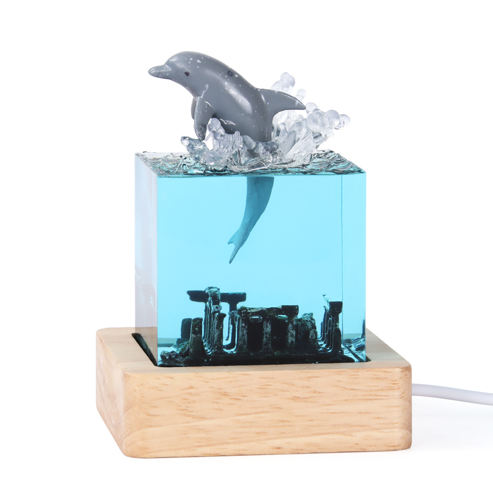 V888-ELOSUNG13943-213731-00 Ancient Architecture Dolphin Leaping into the Water Handcrafted Ocean Resin Whale Night Light - Unique Home Decor Table Lamp - Image 1