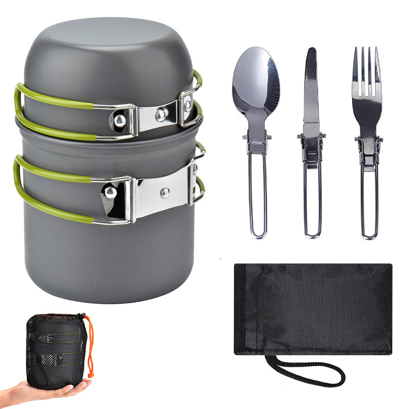 V888-ELOSUNG13950-213821-00 Green And Grey Compact Outdoor Camping Cookware Set with 410 Stainless Steel Utensils - Image 1