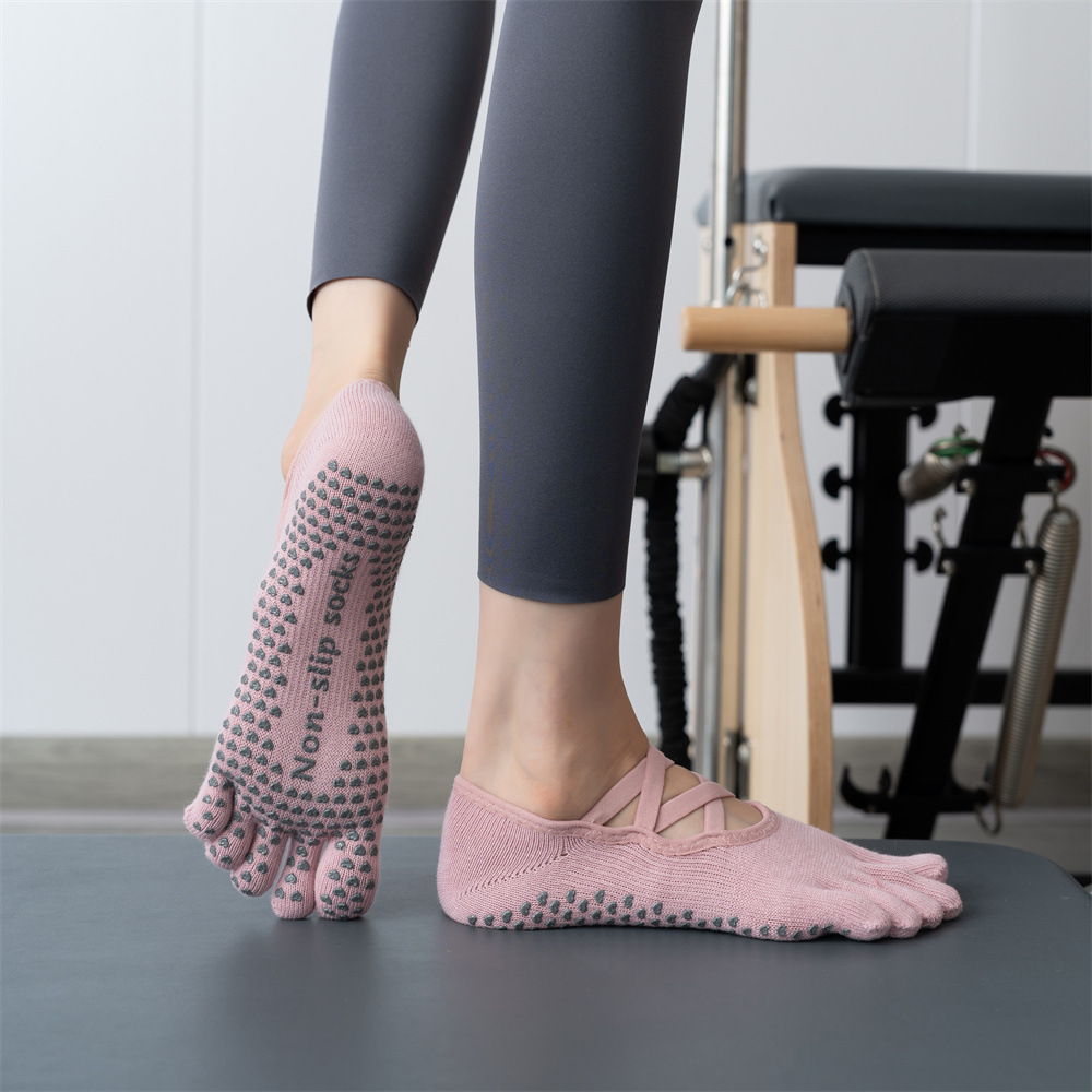 V888-ELOSUNG13958-213829-00 2 Pcs Pink Non-Slip Yoga Pilates Socks with Toe Design for Women - Cotton Blend with Anti-Slip Silicone Grip - Image 1