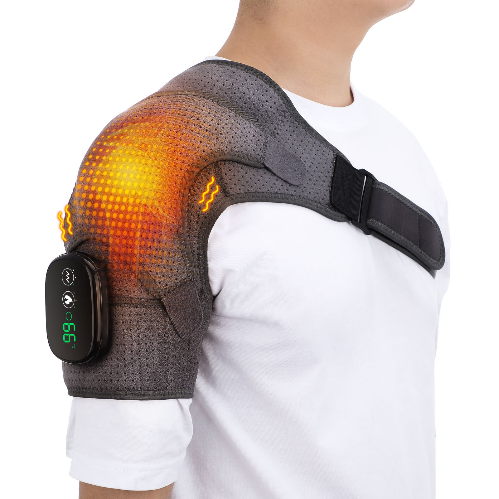 V888-ELOSUNG15100-212017-00 Gray Rechargeable Heated Shoulder Massager with LED Display - Adjustable Compression Wrap for Pain Relief and Relaxation - Image 1