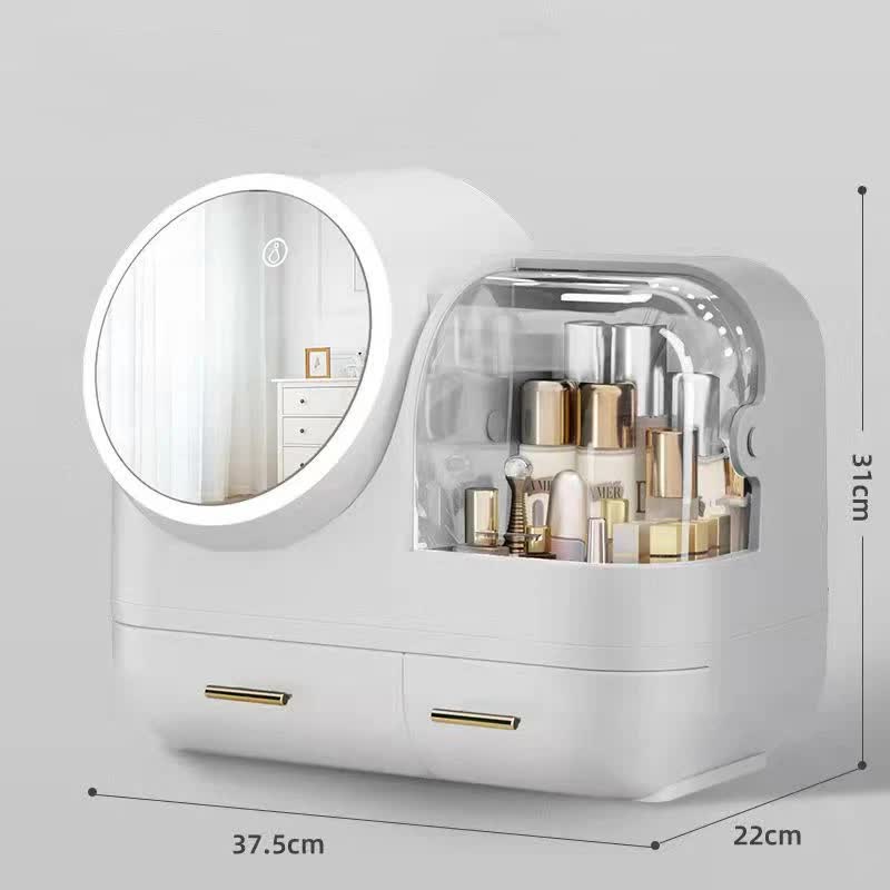 V888-ELOSUNG15129-212148-00 Ivory White LED Vanity Makeup Organizer with Partition Storage and Touch-Control Mirror - Large Capacity Cosmetic Box - Image 1
