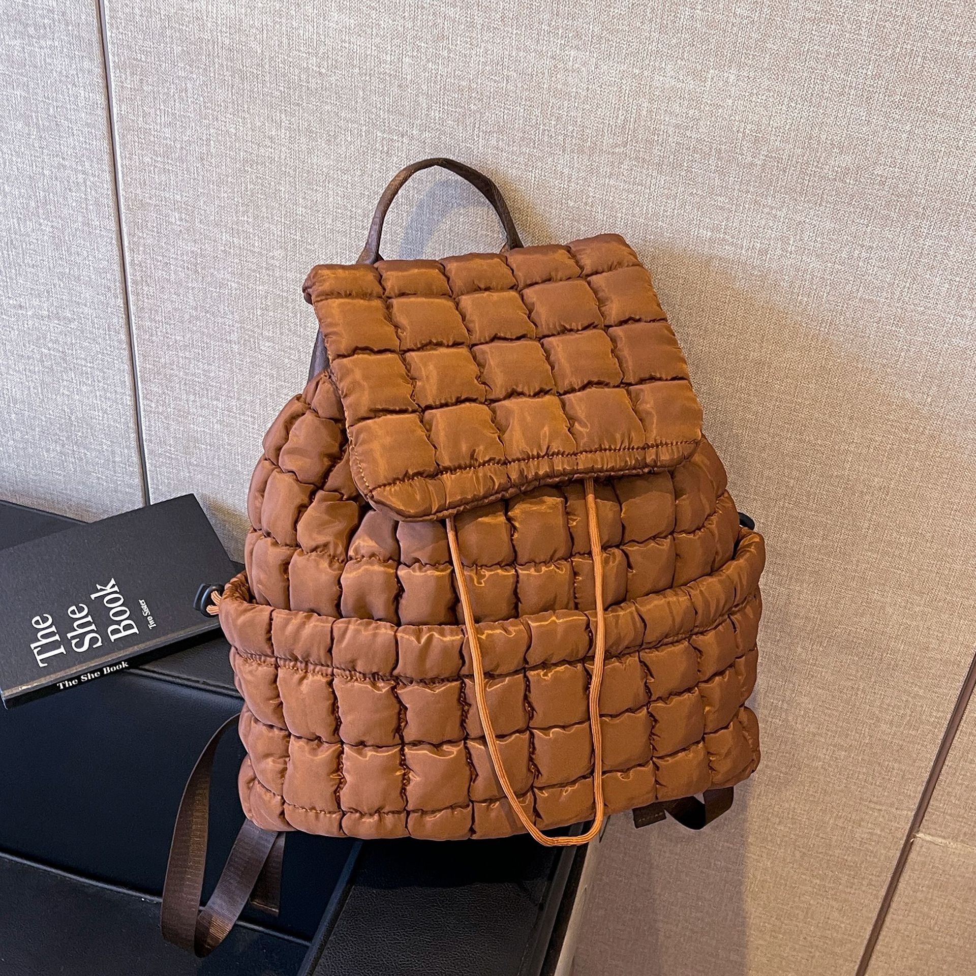 V888-ELOSUNG15397-212917-00 Lightweight Quilted Nylon Backpack with Adjustable Straps - Coffee - Image 1