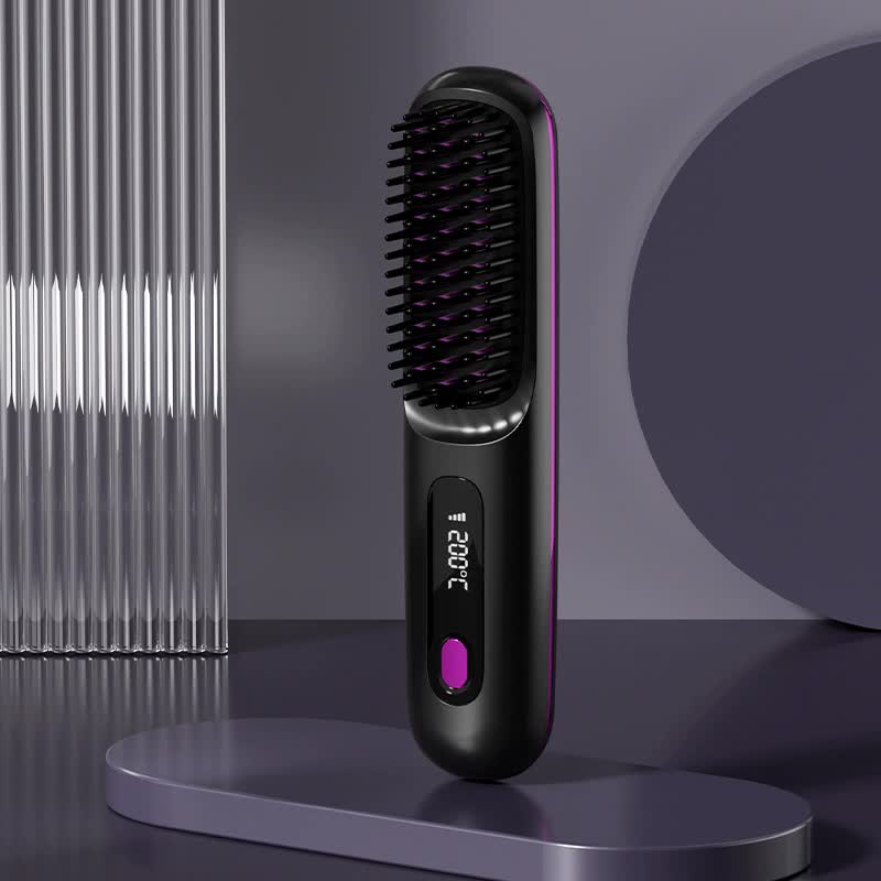 V888-ELOSUNG15546-214599-00 Black Wireless Hair Straightening Brush - Compact and Rechargeable Styling Tool - Image 1
