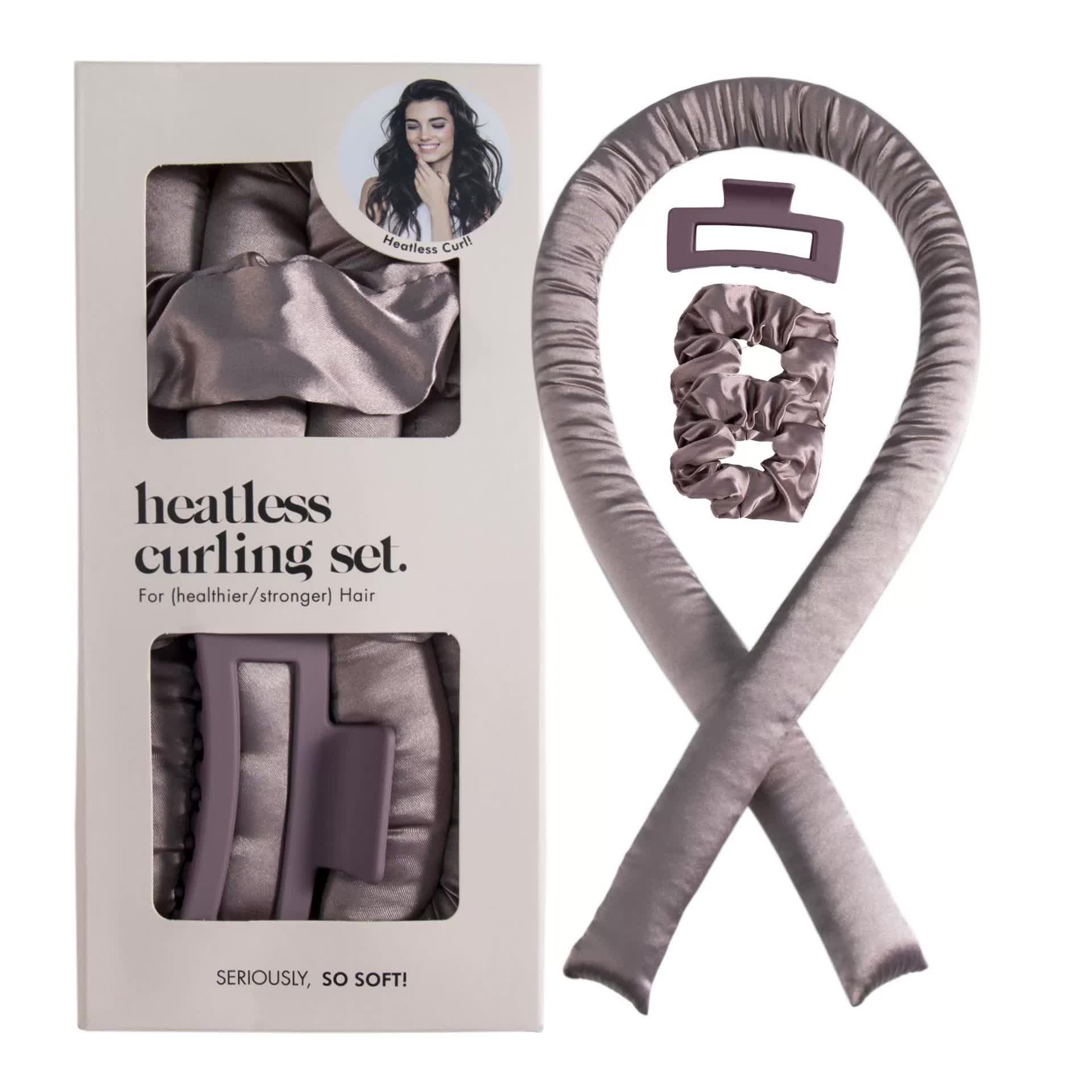 V888-ELOSUNG15593-214361-00 5PCS Light Brown Heatless Hair Curling Set with Scrunchie and Hair Clip - Silk Curling Ribbon - Image 1