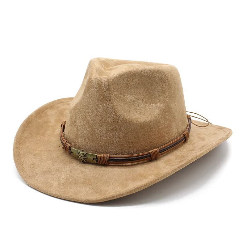 V888-ELOSUNG15773-215746-00 Light Tan Unisex Faux Suede Western Cowboy Hat - Wide Brim Vintage Fedora for Outdoor Travel - Image 1
