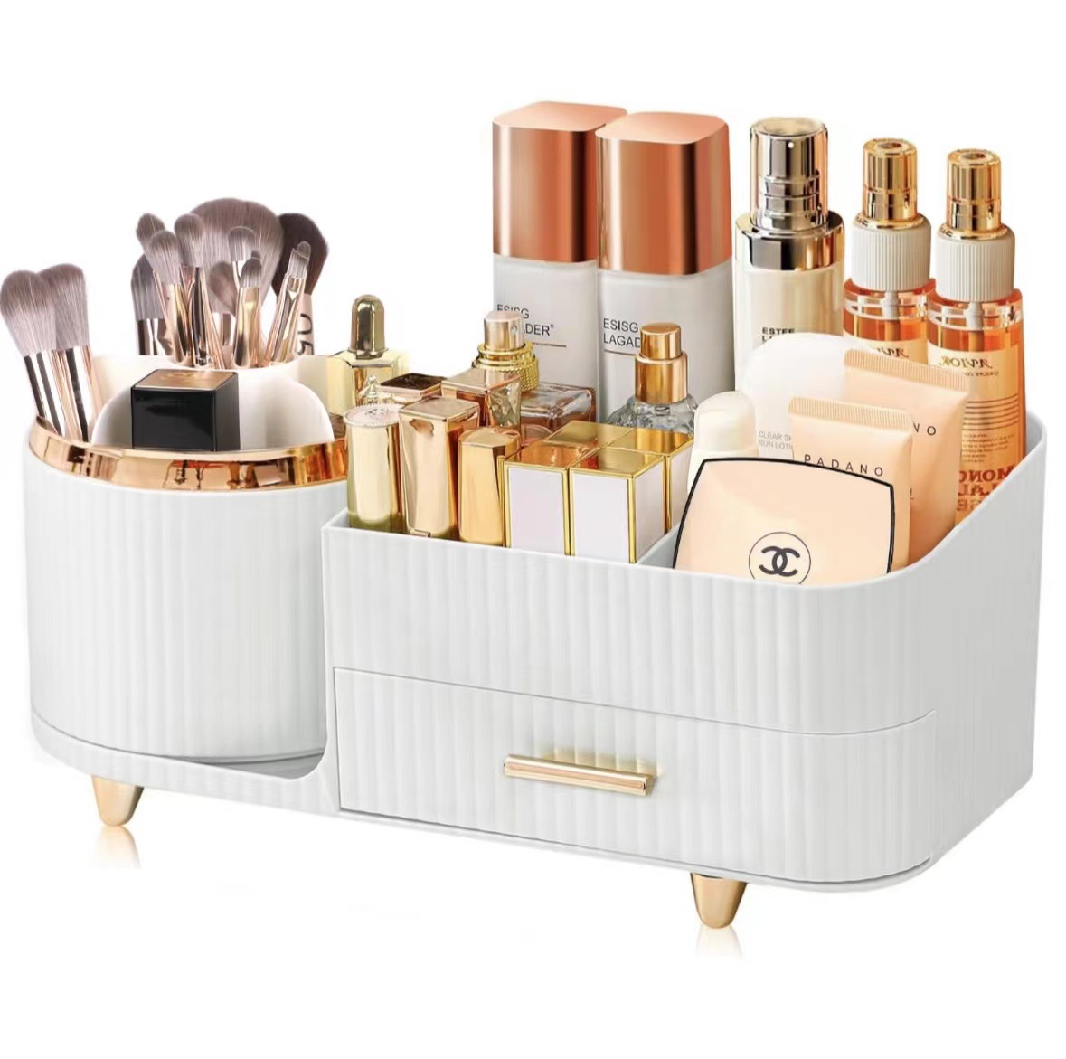 V888-ELOSUNG15836-215997-00 White Rotating Makeup Organizer Box - Multi-Compartment Cosmetic Storage - Image 1