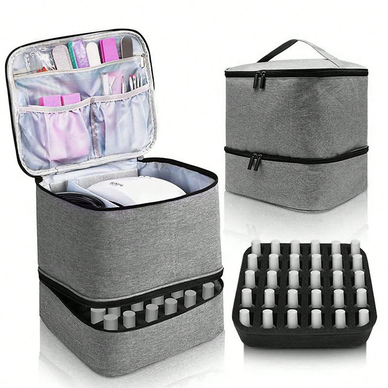 V888-ELOSUNG15887-216754-00 Gray Large Capacity PVC Cosmetic Bag - Portable Nail Polish Storage Case with Dividers - Image 1