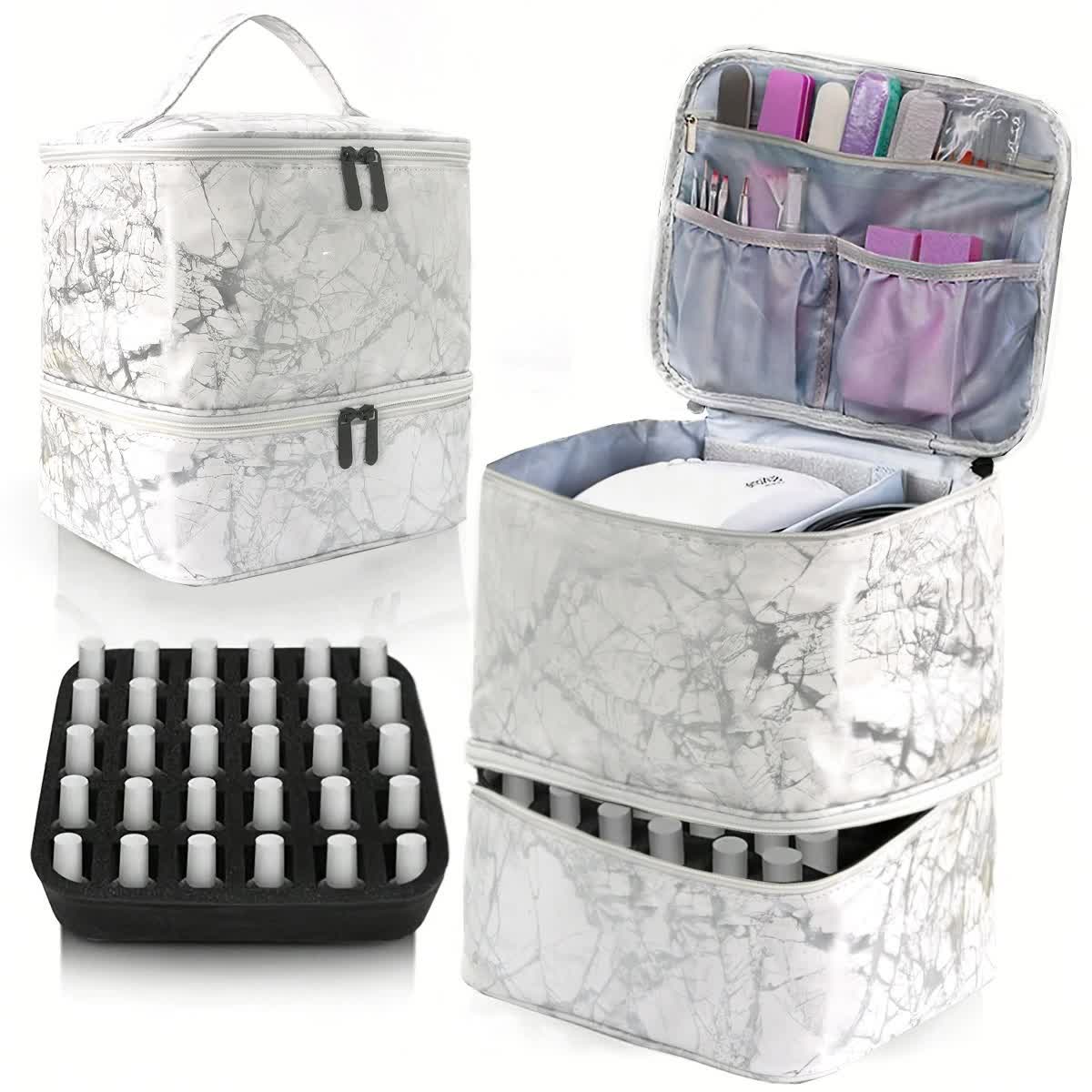 V888-ELOSUNG15898-216418-00 White Marble Double-Layer PU Nail Polish Storage Case with High Capacity for Essential Oils and Nail Lamp - Portable & Adjustable - Image 1