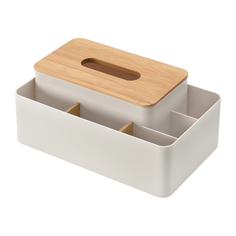 V888-ELOSUNG15957-216955-00 Apricot Multifunctional Tissue Box Organizer - Bamboo Lid with Dividers for Desktop Storage - Image 1