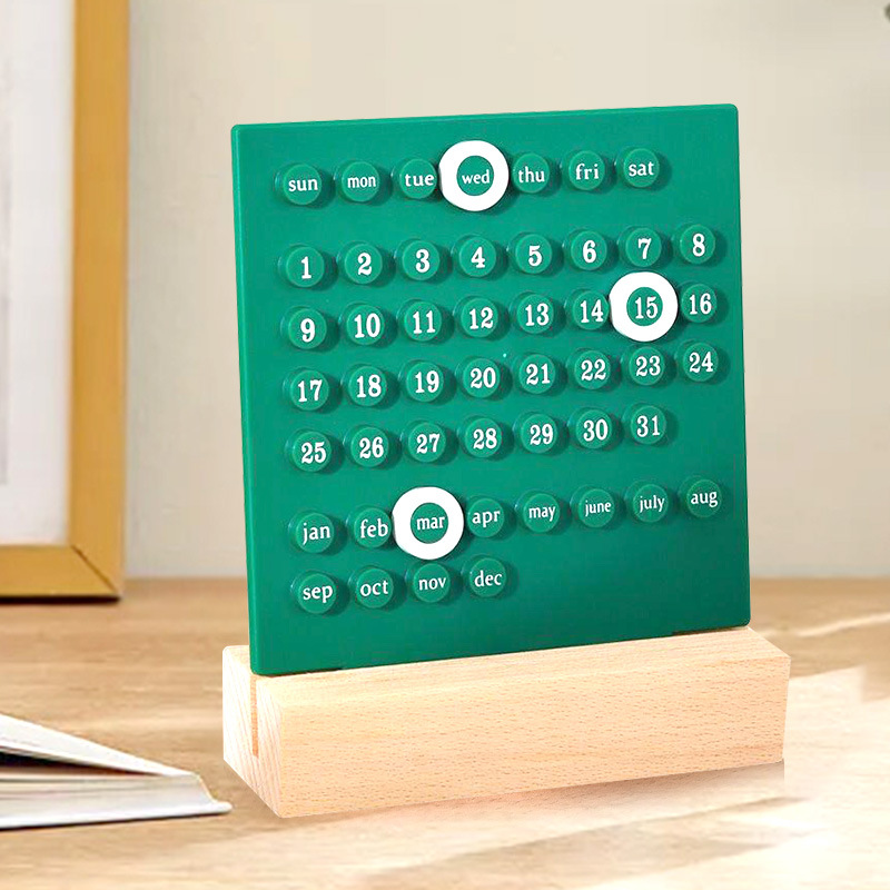 V888-ELOSUNG15972-216849-00 Green DIY Ring Perpetual Calendar - Creative Acrylic Desktop Calendar with Adjustable Rings - Image 1