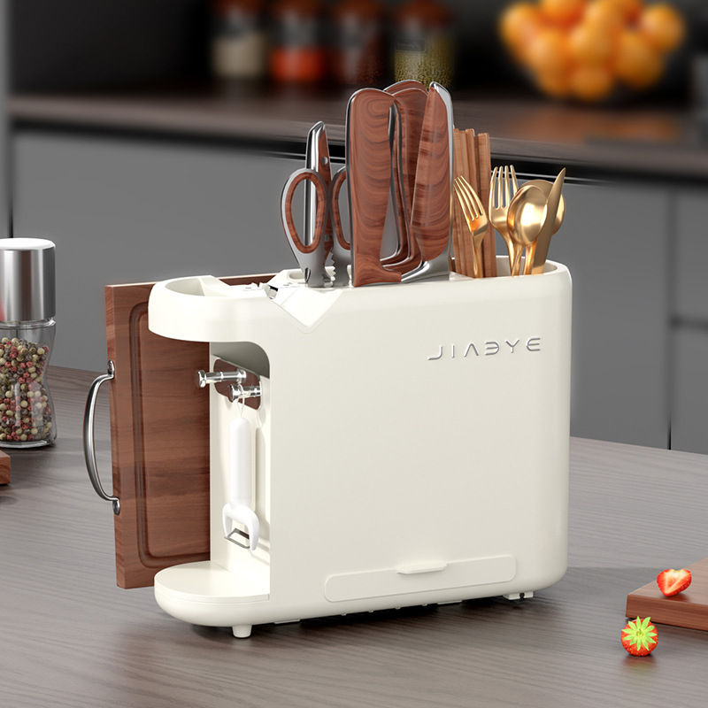 V888-ELOSUNG15973-216850-00 White Multifunctional Kitchen Knife Rack - Storage Organizer with Built-in Knife Sharpener, for Knives, Chopsticks, Cutting Boards, and Pot Lids - Image 1