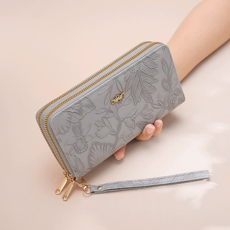 V888-ELOSUNG16025-214229-00 2 PCS Grey Elegant Floral Embossed Long Wallet with Double Zipper - Image 1