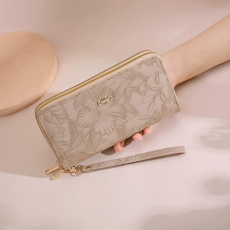 V888-ELOSUNG16028-214232-00 2 PCS Apricot Elegant Floral Embossed Long Wallet with Double Zipper - Image 1