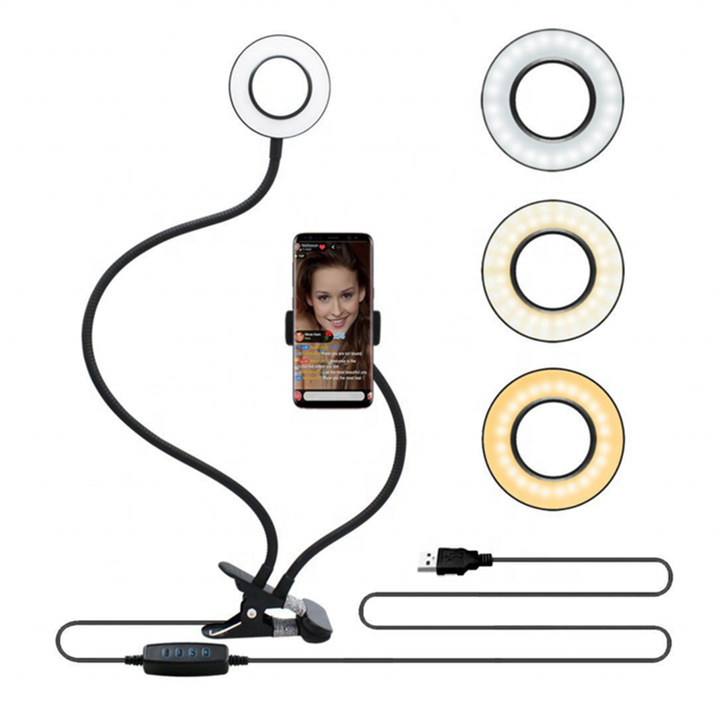 V888-ELOSUNG16057-214330-00 Flexible LED Ring Light with Phone Holder - Adjustable Brightness & Clip Base - Image 1