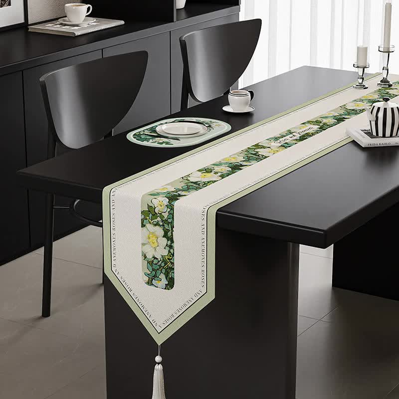 V888-ELOSUNG16058-214462-00 Green Elegant Green Botanical Table Runner with Tassels - 30x180cm - Image 1