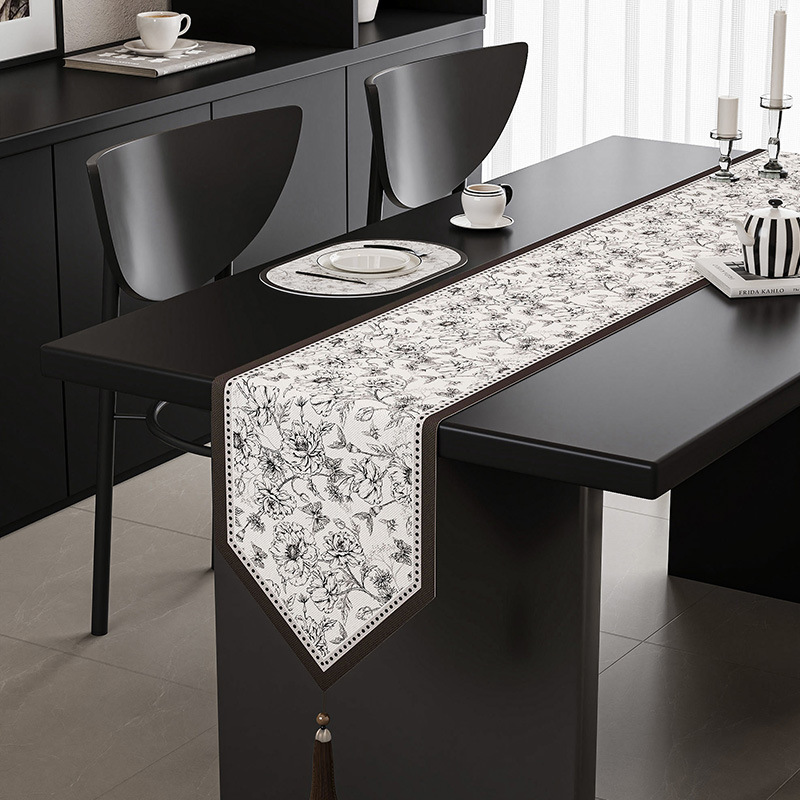 V888-ELOSUNG16062-214336-00 crushed Flower Elegant Green Botanical Table Runner with Tassels - 30x180cm - Image 1