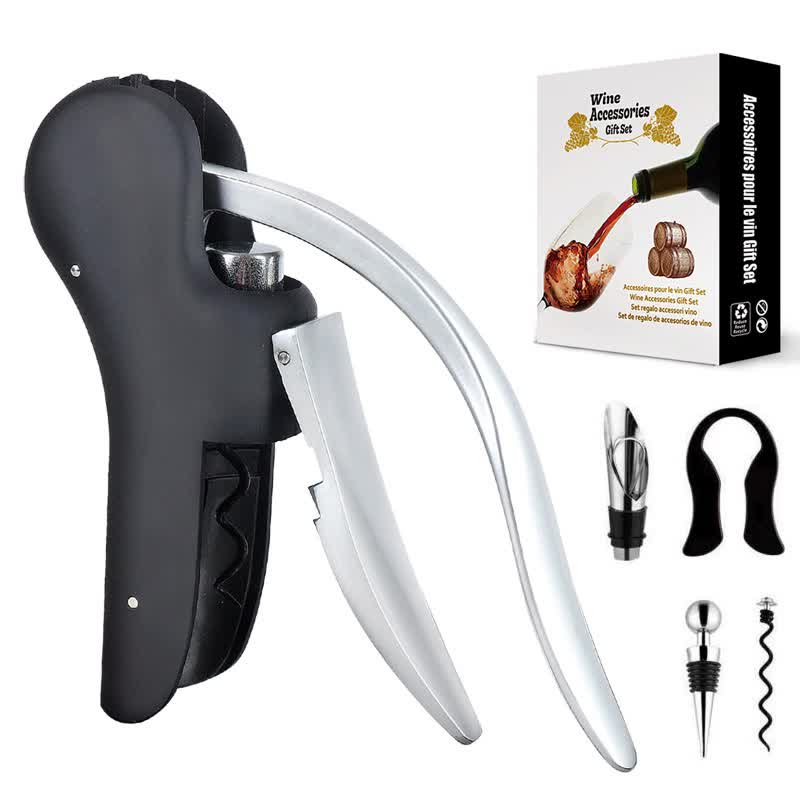 V888-ELOSUNG16065-214345-00 Five-piece Set Ergonomic Lever-Action Corkscrew Wine Opener with Foil Cutter - Image 1