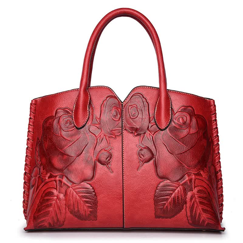 V888-ELOSUNG16075-214364-00 Red Elegant Embossed Rose Leather Handbag - Vintage Style Tote Bag - Image 1