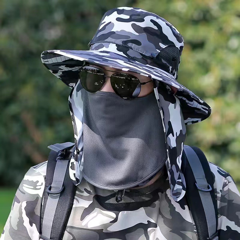 V888-ELOSUNG16167-214949-00 Blue Camouflage Outdoor Sun Protection Hat with Detachable Face and Neck Flap - UPF 50+ - Image 1