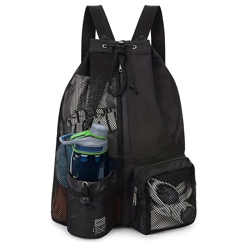 V888-ELOSUNG16220-215187-00 Black Mesh Drawstring Backpack - Lightweight Sports and Beach Bag with Pockets - Image 1