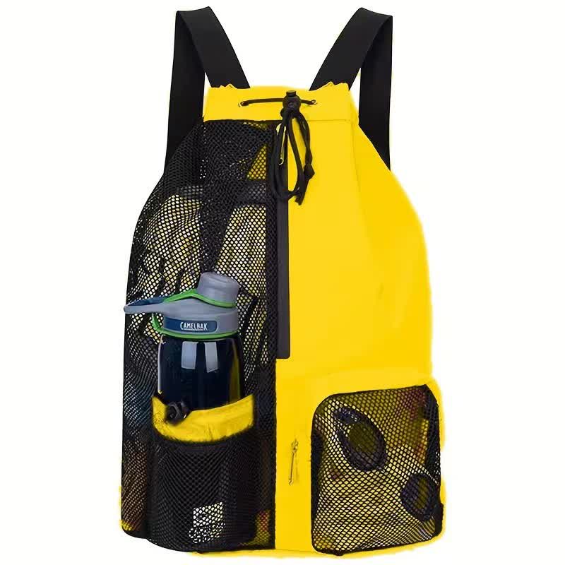 V888-ELOSUNG16227-215202-00 Yellow Mesh Drawstring Backpack - Lightweight Sports and Beach Bag with Pockets - Image 1