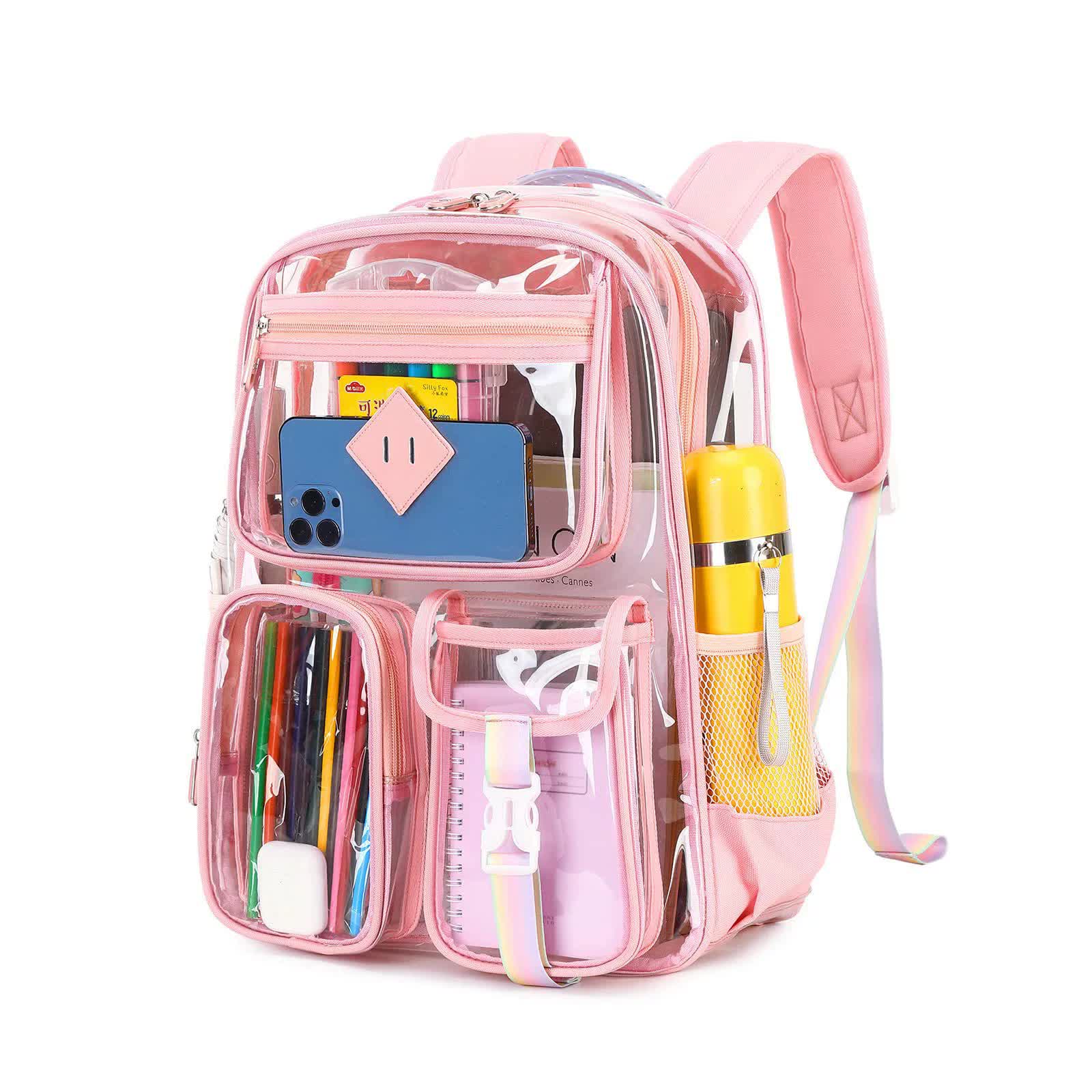 V888-ELOSUNG16249-215715-00 Pink Clear Transparent Backpack - Stylish PVC School Bag with Multiple Pockets - Image 1