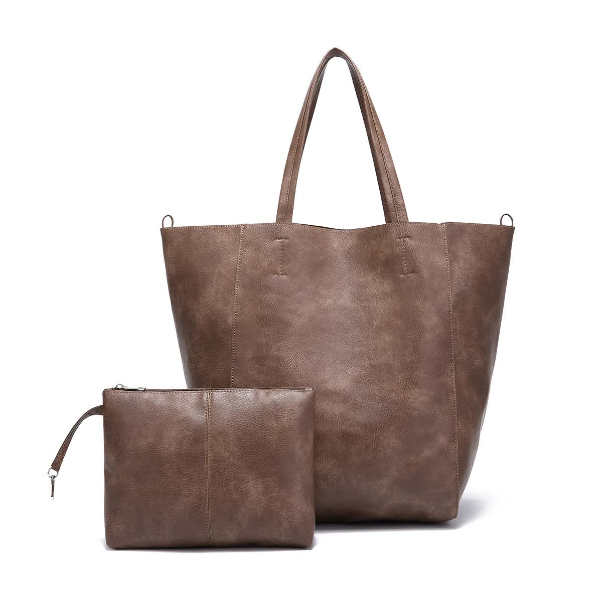V888-ELOSUNG16274-215535-00 Brownish Classic Large PU Leather Tote Bag with Inner Pouch - Elegant and Functional - Image 1