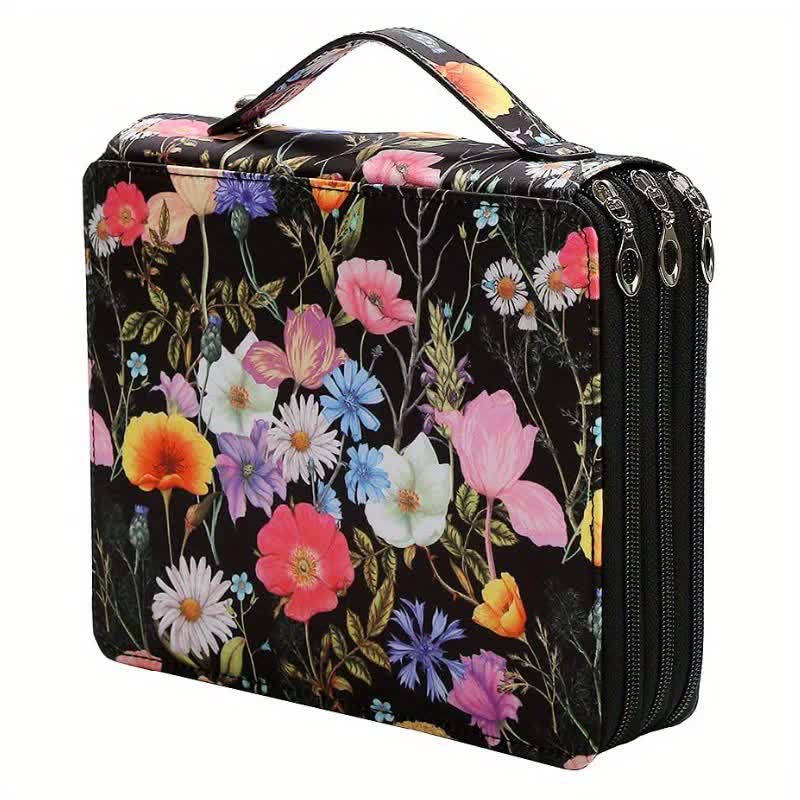 V888-ELOSUNG16288-215558-00 Black Floral Design Portable Zippered Pencil Case - 3-Layer Large Capacity Organizer for Stationery & Art Supplies - Image 1