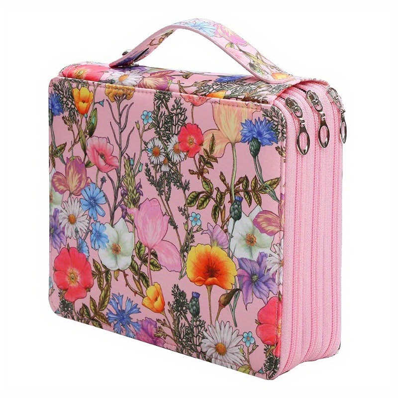 V888-ELOSUNG16290-215560-00 Pink Floral Design Portable Zippered Pencil Case - 3-Layer Large Capacity Organizer for Stationery & Art Supplies - Image 1