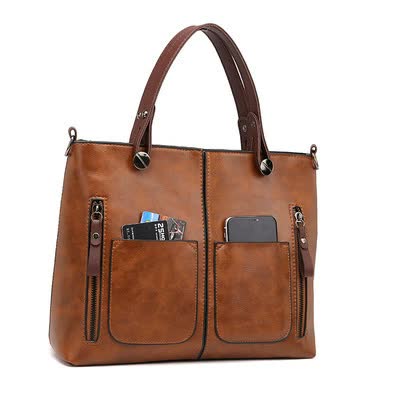 V888-ELOSUNG16324-215701-00 Brown Women's Classic PU Leather Tote Bag with Double Handles - Multi-Pocket Shoulder Bag in Black - Image 1