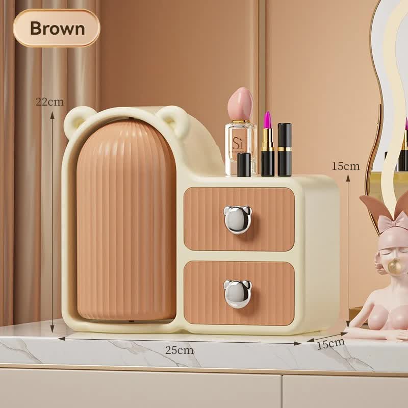 V888-ELOSUNG16388-215963-00 White-brown Cute Bear-Themed Multi-Functional Cosmetic Storage Organizer with Drawers - Image 1