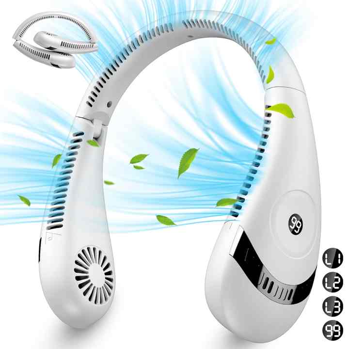 V888-ELOSUNG16421-216030-00 White Rechargeable 5000mAh Portable Neck Fan with 3-Speed Settings - Image 1