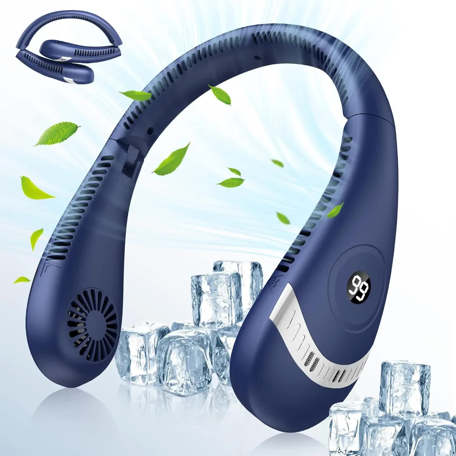 V888-ELOSUNG16424-216033-00 Dark Blue Rechargeable 5000mAh Portable Neck Fan with 3-Speed Settings - Image 1