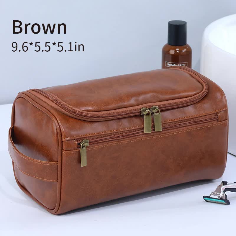 V888-ELOSUNG16433-216051-00 Brown Premium PU Leather Travel Toiletry Bag with Zipper Compartments - Image 1