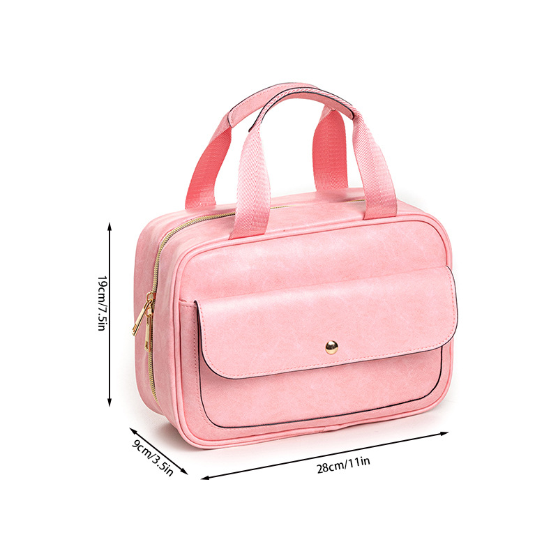 V888-ELOSUNG16483-216679-00 Pink Compact PU Leather Travel Toiletry Bag with Zipper Compartments - Image 1