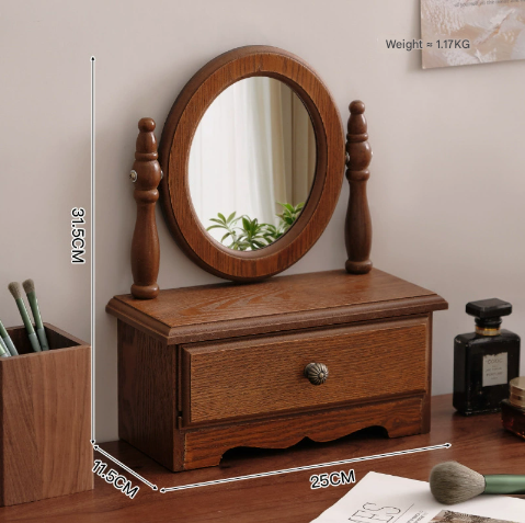V888-ELOSUNG16533-216498-00 Round Mirror with Drawer Orbicular Wooden Tabletop Vanity Mirror Elegant Design - Image 1