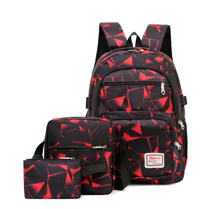 V888-ELOSUNG16549-216548-00 Red Stylish 3-Piece Backpack Set with Unique Geometric Design - Image 1