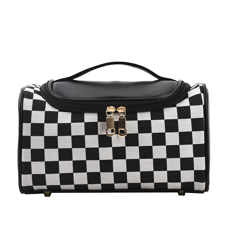 V888-ELOSUNG16638-216851-00 Black Checkered Cosmetic Bag with Handle - Stylish, Compact, and Practical for Travel - Image 1