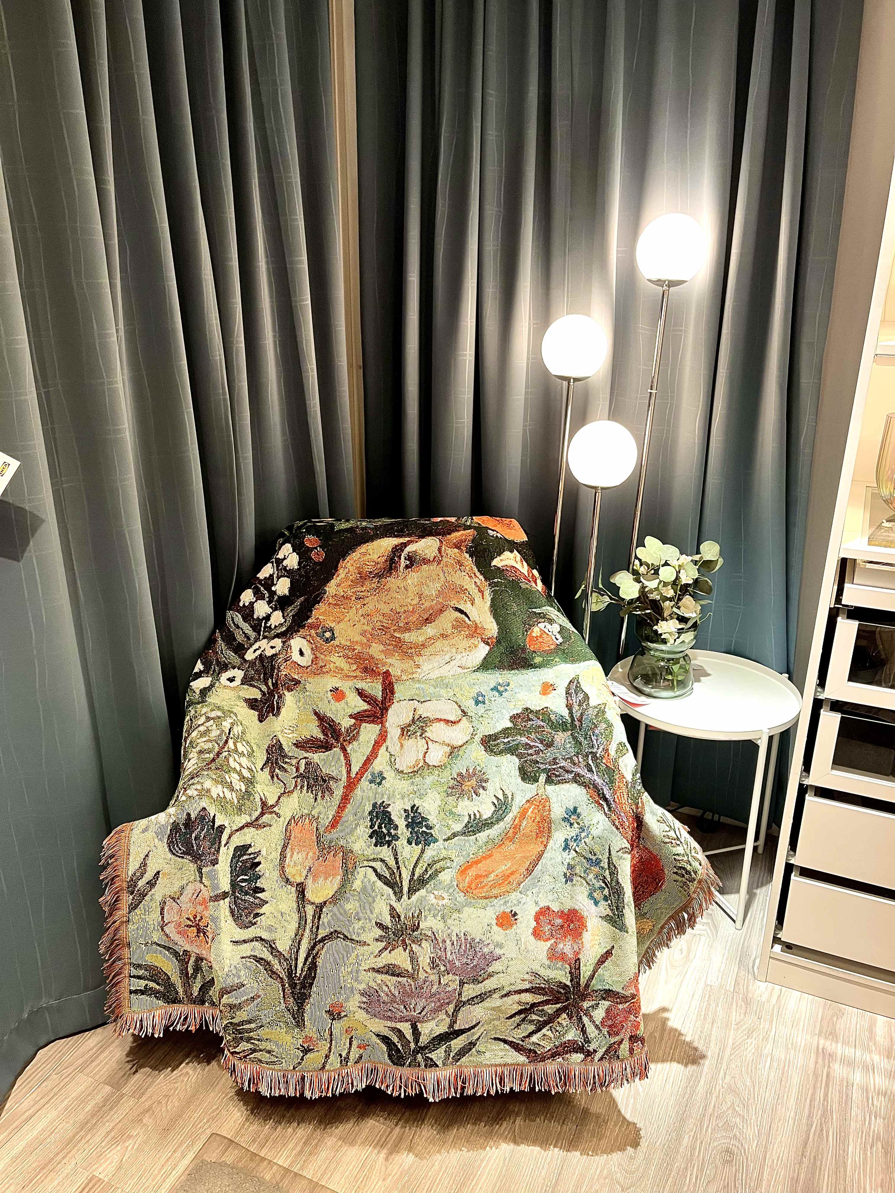 V888-ELOSUNG16722-222378-00 Green Oragne Cat Sleeping Floral Cat Patterned Throw Blanket - Soft and Cozy, 130x160cm with Tassels - Image 1