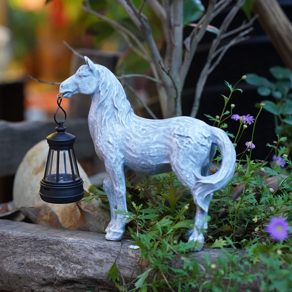 V888-ELOSUNG16737-223298-00 Grey Solar-Powered Horse Statue with LED Lantern – Rustic Outdoor Garden Ornament - Image 1