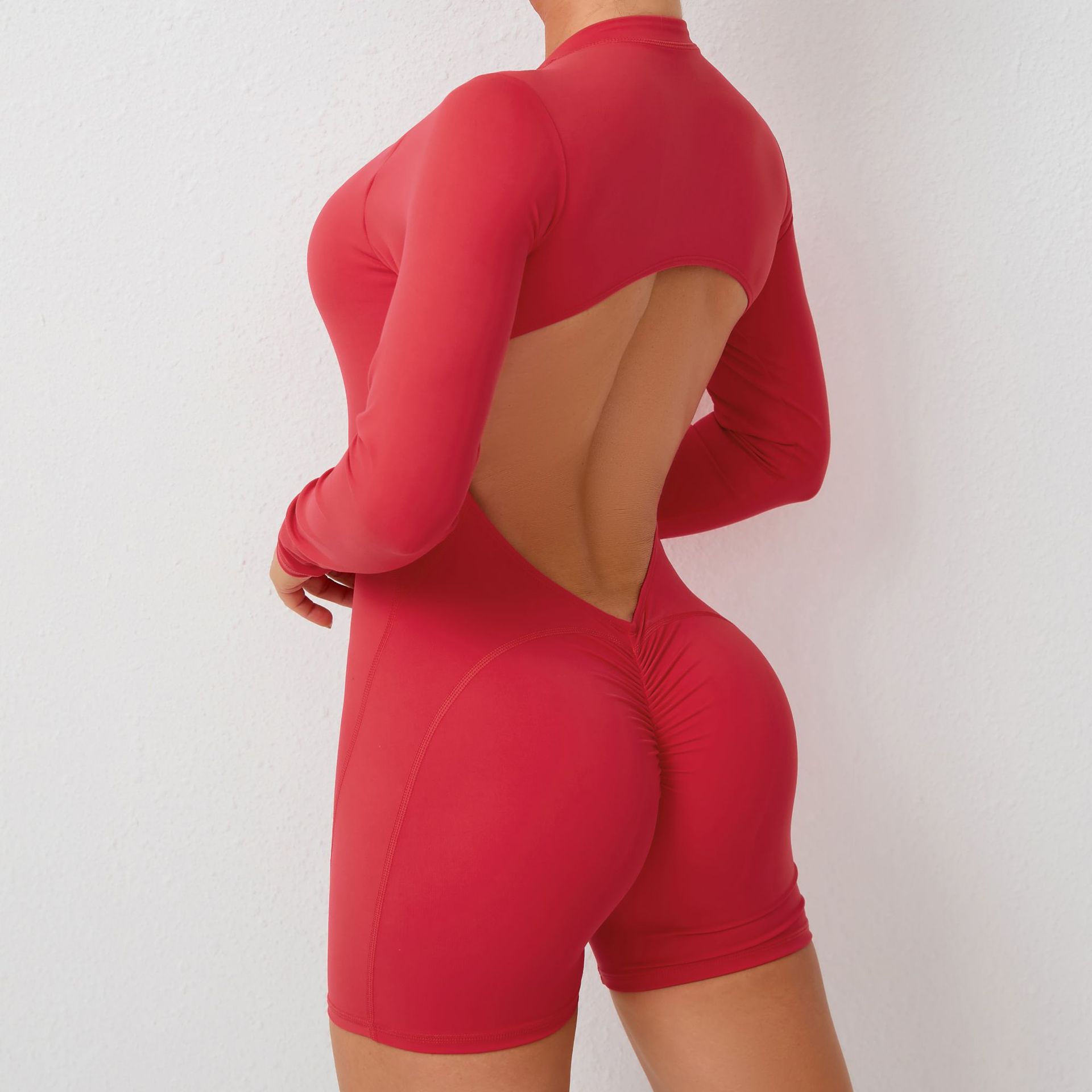 V888-ELOSUNG16880-224790-00 M Red Backless Scrunch Butt Workout Jumpsuit - Long-Sleeve Open-Back Yoga Romper - Image 1