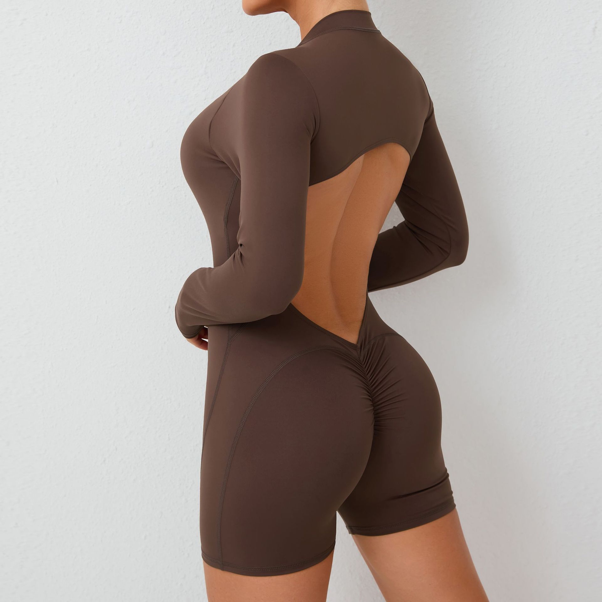 V888-ELOSUNG16886-224820-00 M Brown Backless Scrunch Butt Workout Jumpsuit - Long-Sleeve Open-Back Yoga Romper - Image 1