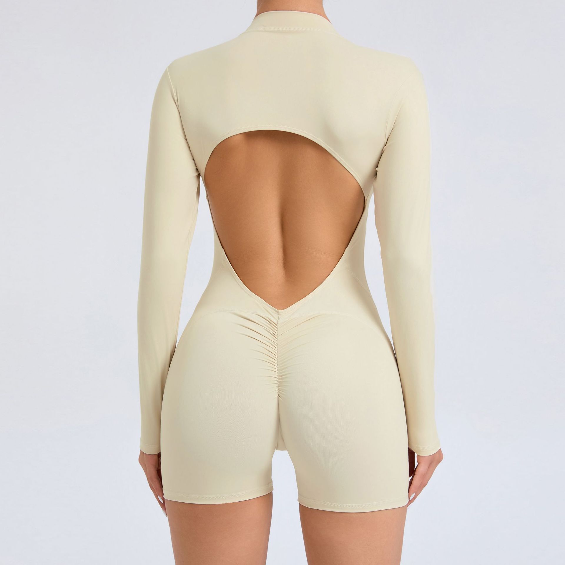 V888-ELOSUNG16892-224838-00 M Beige Backless Scrunch Butt Workout Jumpsuit - Long-Sleeve Open-Back Yoga Romper - Image 1