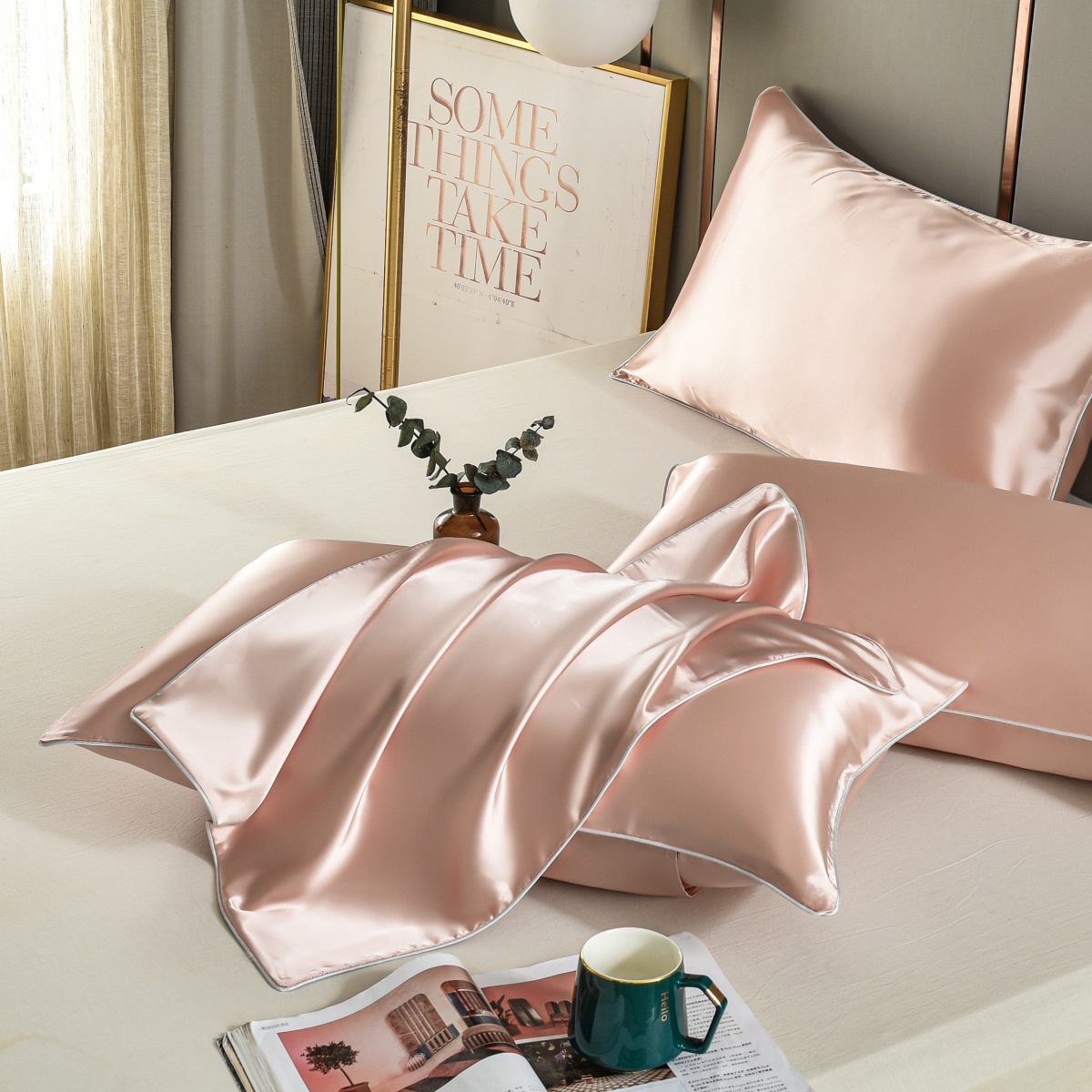 V888-ELOSUNG17015-213992-00 Pink Luxury Double-Sided Satin Silk Pillowcase - Summer Cooling Polyester Pillow Cover Set(Without Pillow Core) - Image 1