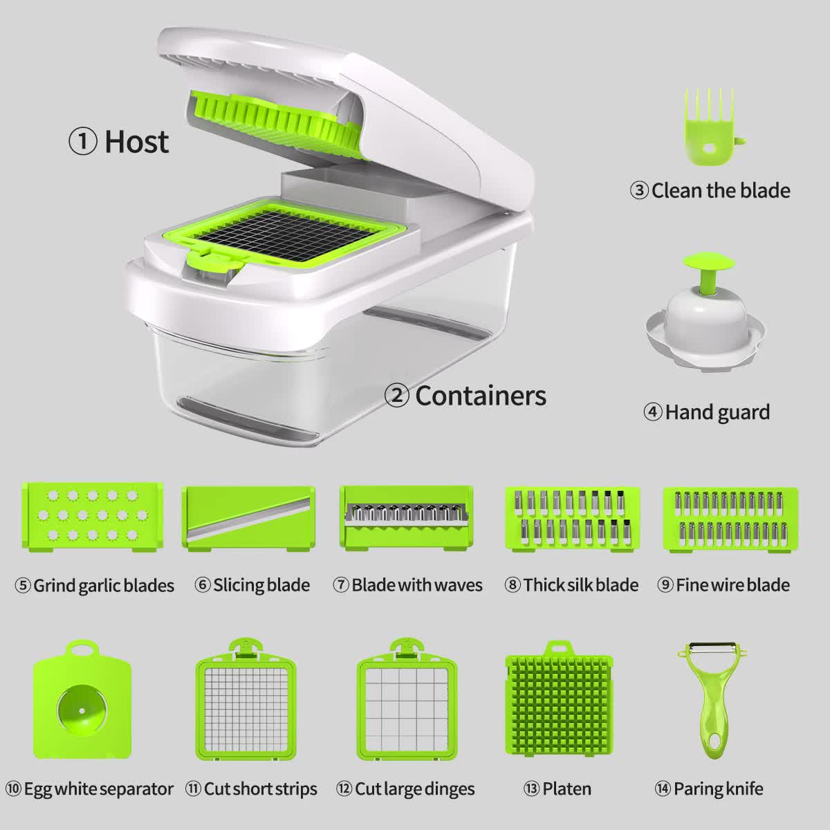 V888-ELOSUNG17023-214045-00 Green and White 14-Piece Multifunctional Vegetable Chopper and Slicer Set - Kitchen Cutting and Grating Tool - Image 1