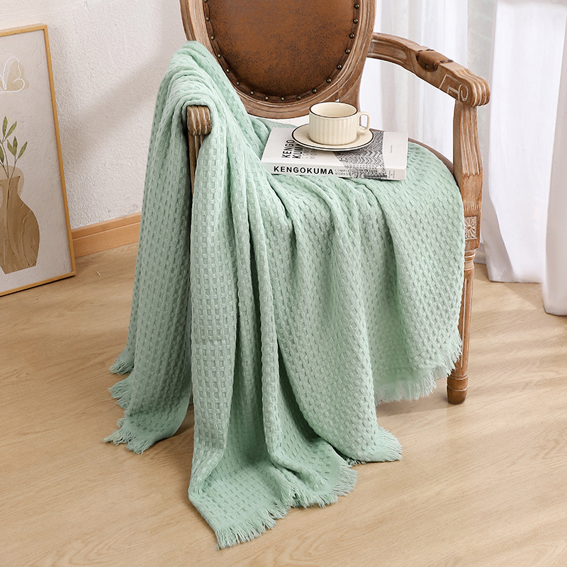 V888-ELOSUNG17040-214268-00 130*230CM Cyan Nordic Solid Color Knitted Sofa Throw Blanket with Tassels - Waffle Weave Polyester Decorative Blanket - Image 1