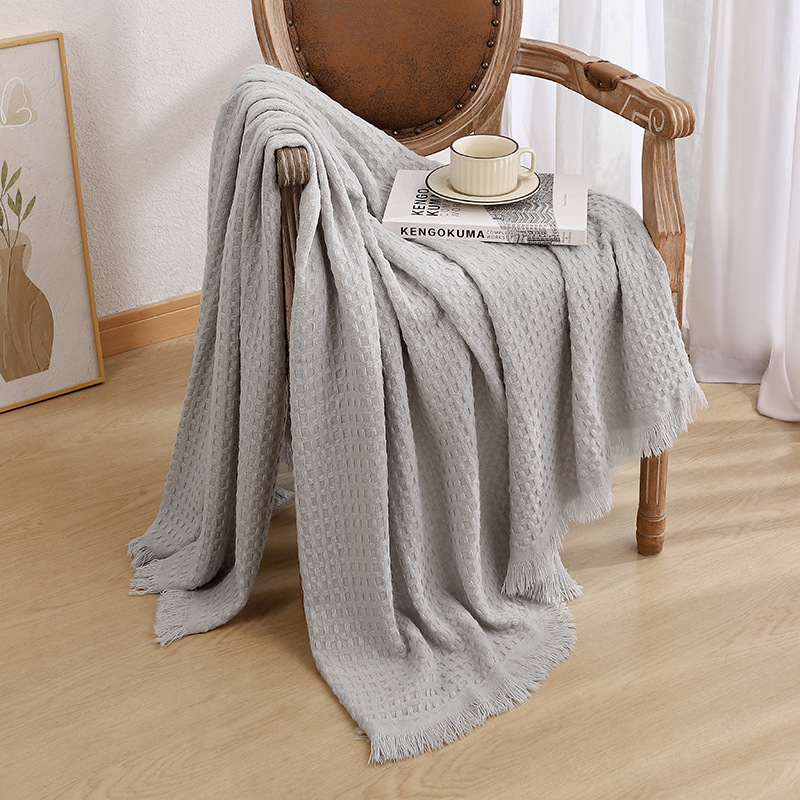 V888-ELOSUNG17041-214274-00 130*230CM Grey Nordic Solid Color Knitted Sofa Throw Blanket with Tassels - Waffle Weave Polyester Decorative Blanket - Image 1